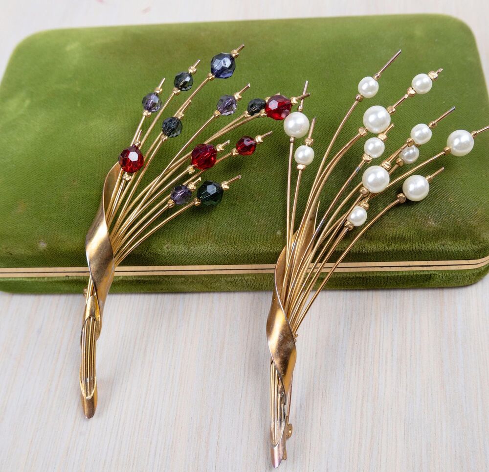 Vintage 1940s Flower Brooches Bouquet Spray Faux Pearls Colored Glass Beads